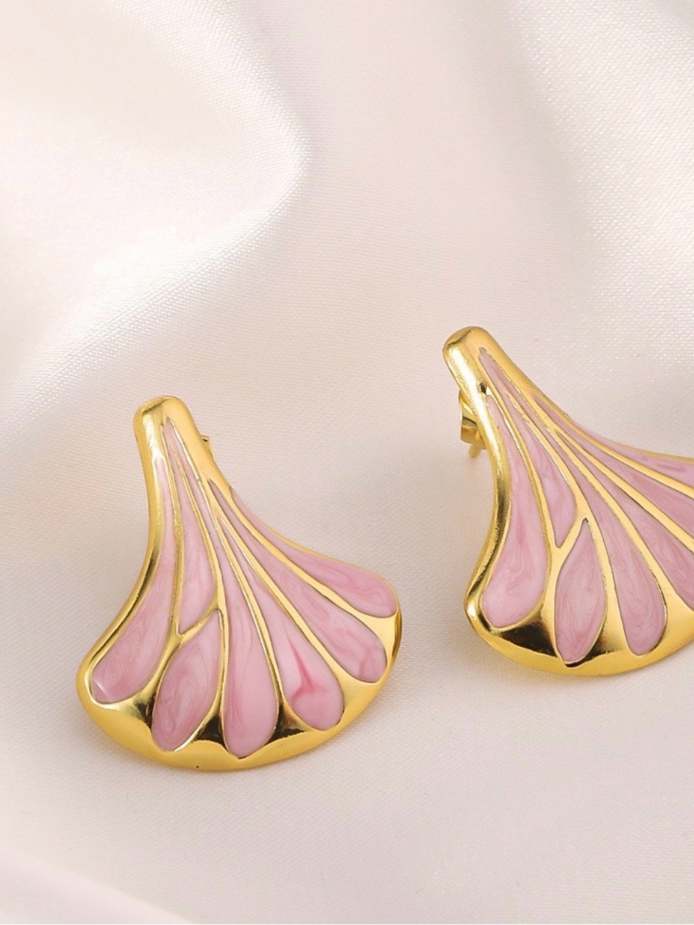 Gold & Pink Fan Enamel stainless steel Earrings